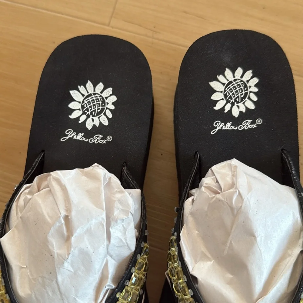 YELLOW BOX WOMEN YELLOW EMBELLISHED BEADING MEDIUM HEEL ROUND TOE SIZE 8.5 WEDGE - Picture 10 of 13